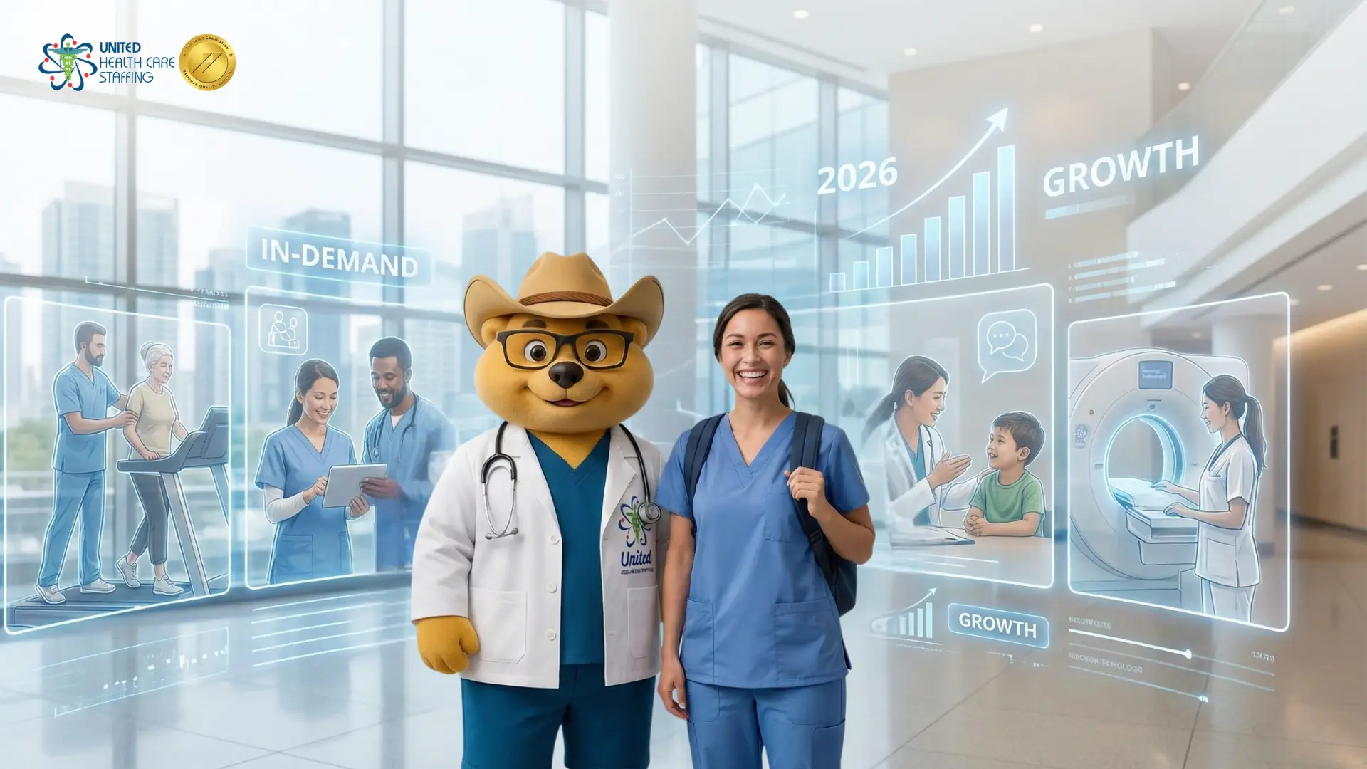 A wide promotional banner for United Health Care Staffing featuring mascot Uni-Ted in a floral shirt and cowboy hat on the left, the company logo and Joint Commission seal in the center, and a female professional in teal scrubs writing on a clipboard on the right.
